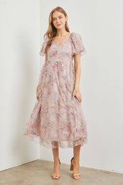 Light Pink Floral Ruffle Applique Puff Sleeve Midi Dress