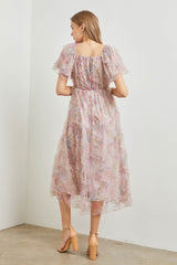 Light Pink Floral Ruffle Applique Puff Sleeve Midi Dress