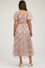 Light Pink Floral Ruffle Applique Puff Sleeve Maternity Midi Dress