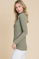 Sage Heathered Ribbed Mock Neck Long Sleeve Top