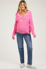 Pink Chunky Knit Front Button Maternity Sweater