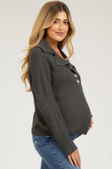 Charcoal Chunky Knit Front Button Maternity Sweater