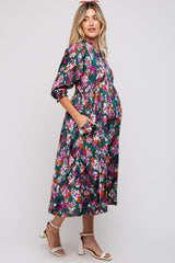 Forest Green Floral Satin Ruffle Neck Maternity Midi Dress