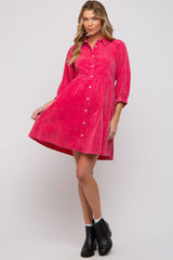 Fuchsia Corduroy Button Down Collared Maternity Dress