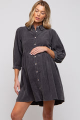 Charcoal Corduroy Button Down Collared Maternity Dress