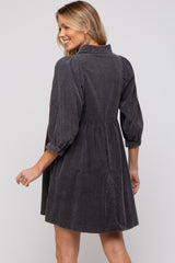 Charcoal Corduroy Button Down Collared Maternity Dress