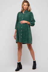 Green Corduroy Button Down Collared Maternity Dress