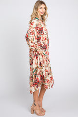 Cream Floral Ruffle Neck Tiered Midi Dress