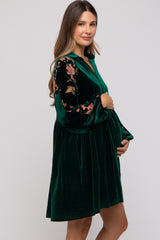 Forest Green Velvet Floral Long Sleeve Maternity Dress