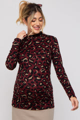 Burgundy Animal Print Mock Neck Maternity Top