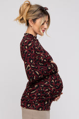 Burgundy Animal Print Mock Neck Maternity Top