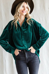 Forest Green Velvet Button Front Blouse