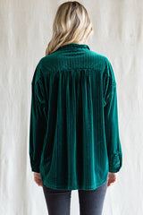 Forest Green Velvet Button Front Blouse