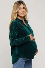 Forest Green Velvet Button Front Maternity Blouse