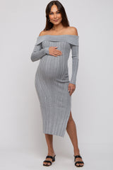 Grey Metallic Ribbed Side Slit Off Shoulder Maternity Midi Dress