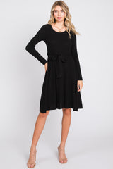 Black Soft Rib Knit Sash Tie Maternity Dress