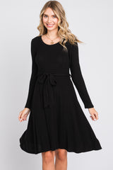 Black Soft Rib Knit Sash Tie Dress