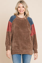 Brown Colorblock Soft Fleece Pullover Sweater