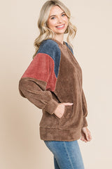 Brown Colorblock Soft Fleece Pullover Sweater