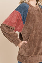 Brown Colorblock Soft Fleece Pullover Sweater