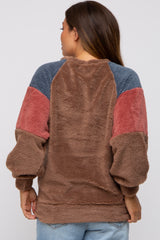 Brown Colorblock Soft Fleece Pullover Maternity Sweater