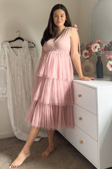 Pink Sleeveless Tiered Tie Strap Tulle Maternity Midi Dress