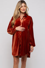 Rust Velour Button Up Long Sleeve Maternity Dress