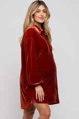 Rust Velour Button Up Long Sleeve Maternity Dress