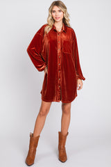 Rust Velour Button Up Long Sleeve Dress