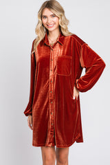 Rust Velour Button Up Long Sleeve Dress