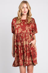 Rust Printed Short Sleeve Pocketed Dress