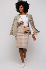 Taupe Knit Plaid Fitted Maternity Skirt