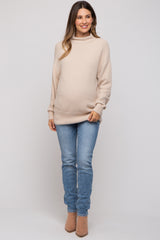 Beige Fuzzy Knit Mock Neck Maternity Sweater