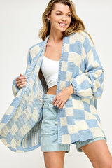 Light Blue Checkered Print Oversized Maternity Cardigan