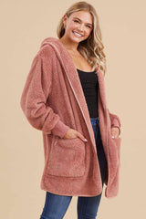 Mauve Fuzzy Knit Hooded Maternity Jacket