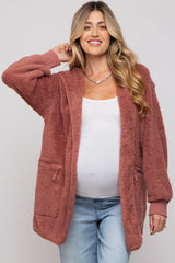 Mauve Fuzzy Knit Hooded Maternity Jacket