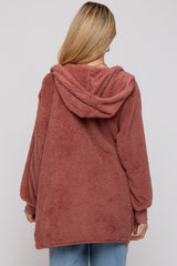 Mauve Fuzzy Knit Hooded Maternity Jacket