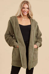 Olive Fuzzy Knit Hooded Maternity Jacket