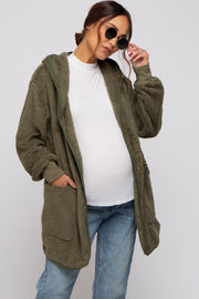 Olive Fuzzy Knit Hooded Maternity Jacket