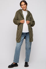 Olive Fuzzy Knit Hooded Maternity Jacket