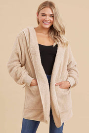 Beige Fuzzy Knit Hooded Jacket