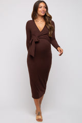 Brown Ribbed Long Sleeve Maternity Wrap Dress