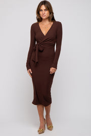 Brown Ribbed Long Sleeve Wrap Dress