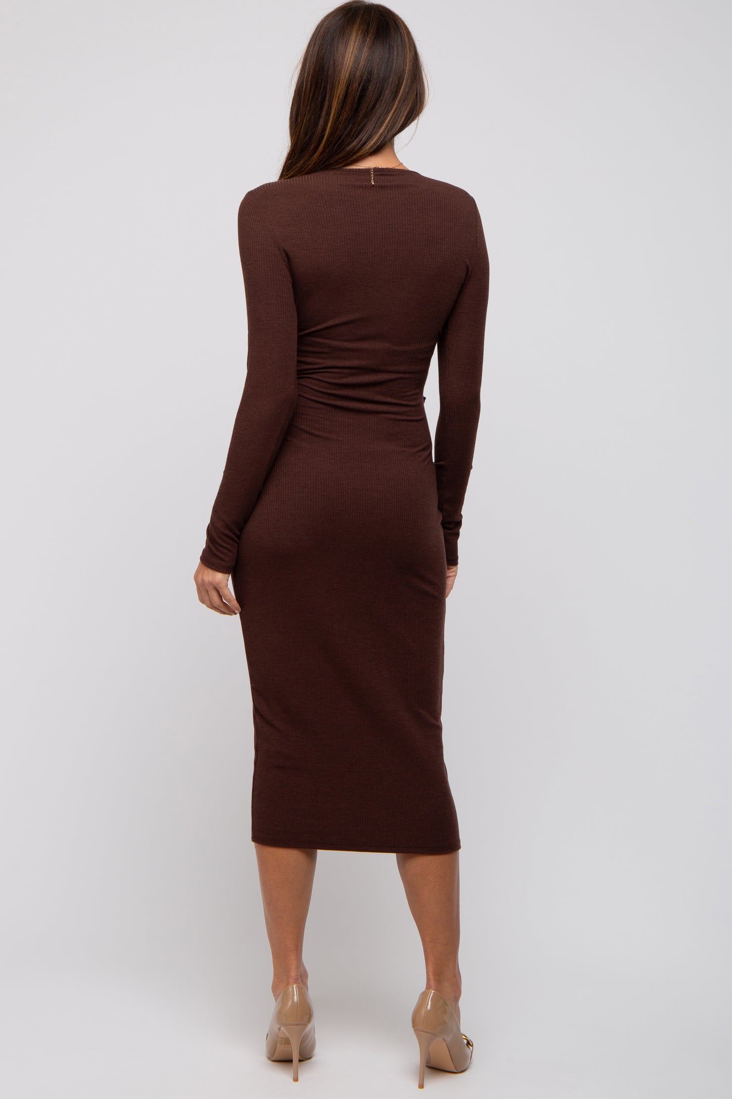 Brown Ribbed Long Sleeve Wrap Dress – PinkBlush