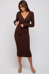 Brown Ribbed Long Sleeve Wrap Dress