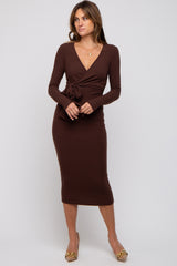 Brown Ribbed Long Sleeve Wrap Dress