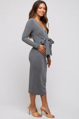 Grey Ribbed Long Sleeve Maternity Wrap Dress