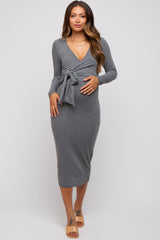 Grey Ribbed Long Sleeve Maternity Wrap Dress