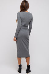 Grey Ribbed Long Sleeve Wrap Dress