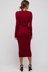 Burgundy Ribbed Long Sleeve Wrap Dress